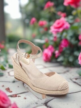 Cole Haan Natural Linen and Leather Espadrille Wedge with Gold Ankle Strap $160